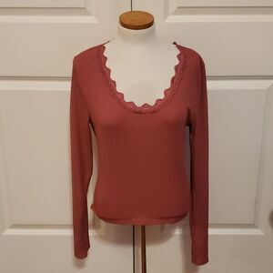 𝅺Socialite Womens Long Sleeve Lace Scoop Neck Cropped Blouse‎ Size Large NWOT
